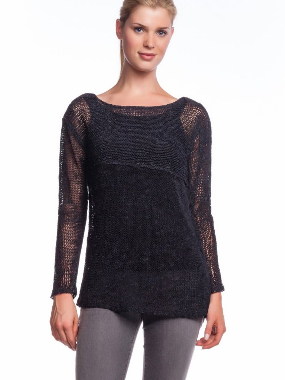 Inhabit Crew Top Charcoal Hi Low Uneven Knit Sweater Gray Long Sleeve